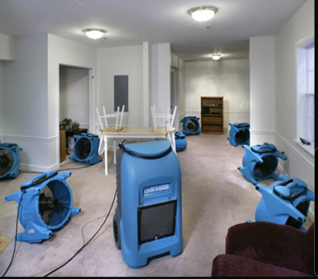 Air movers and dehumidifier setup for Water Damage Restoration in Southern Pines